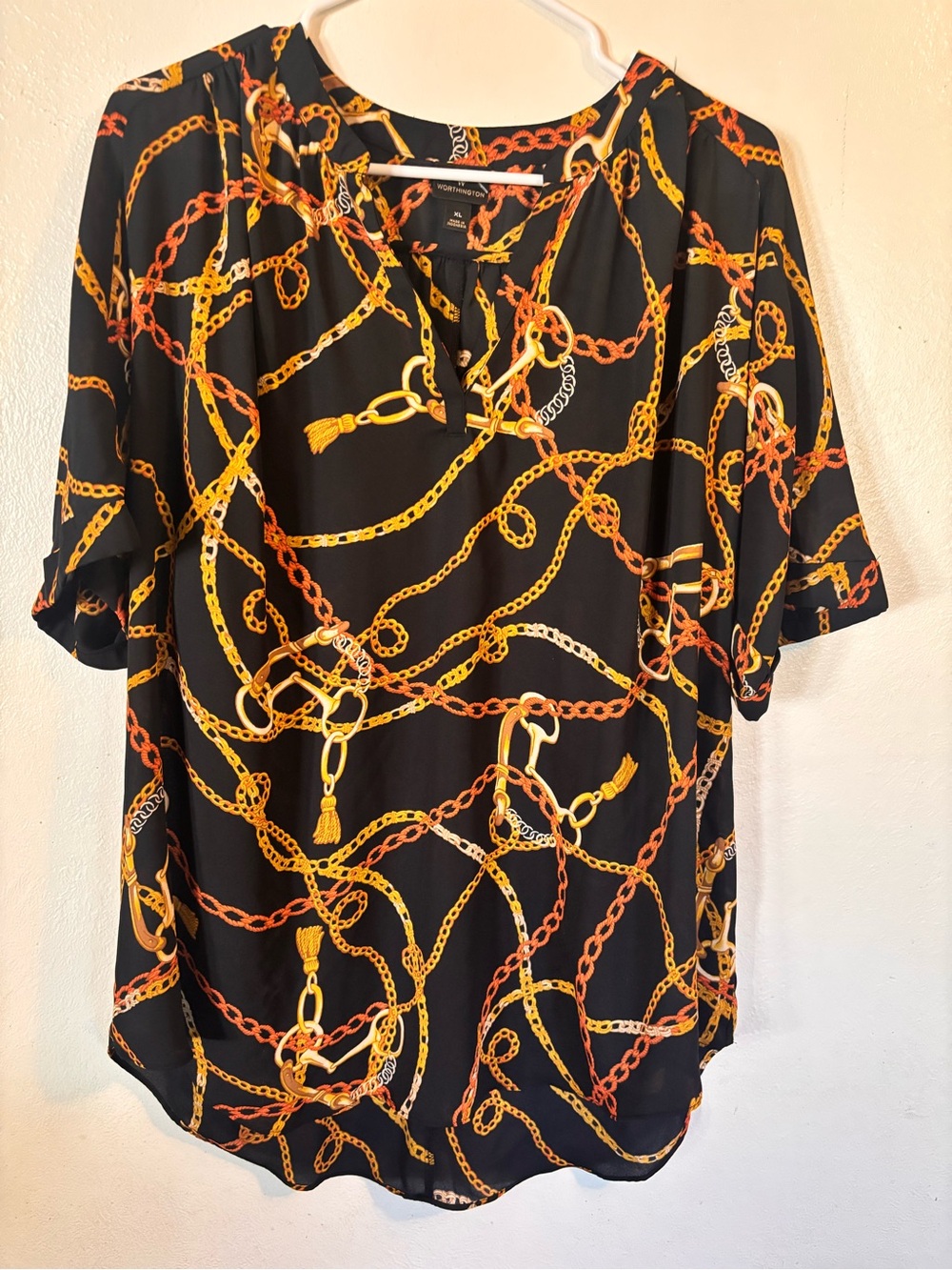 Worthington Black Blouse with Gold and Orange Chain Print